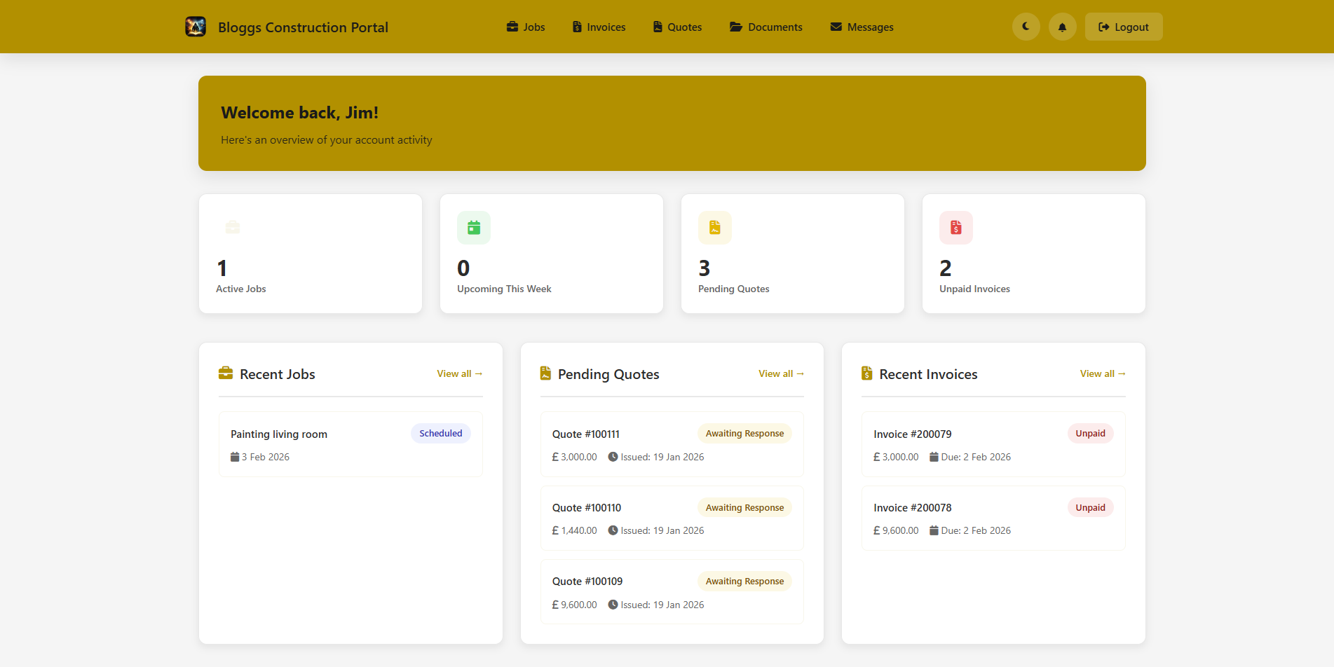 Customer Portal dashboard showing jobs, quotes, and invoices