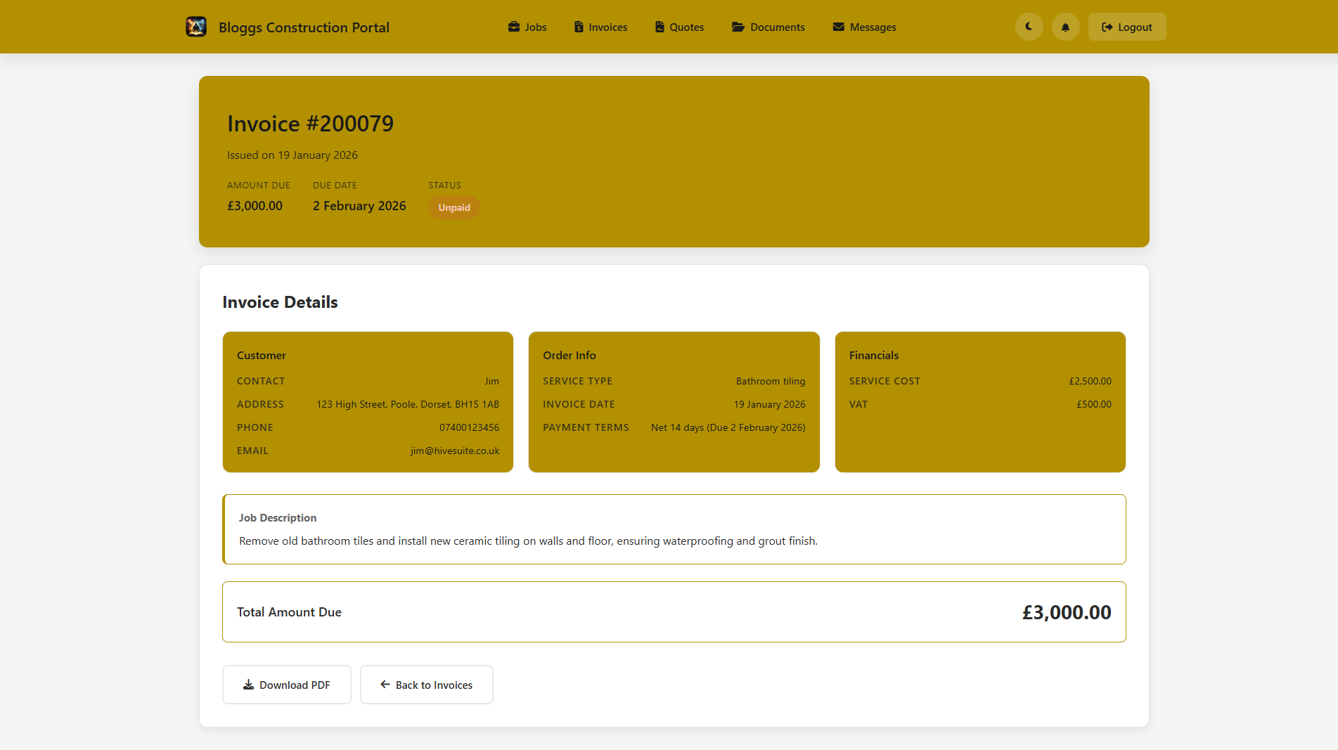 Customer viewing an invoice in the portal