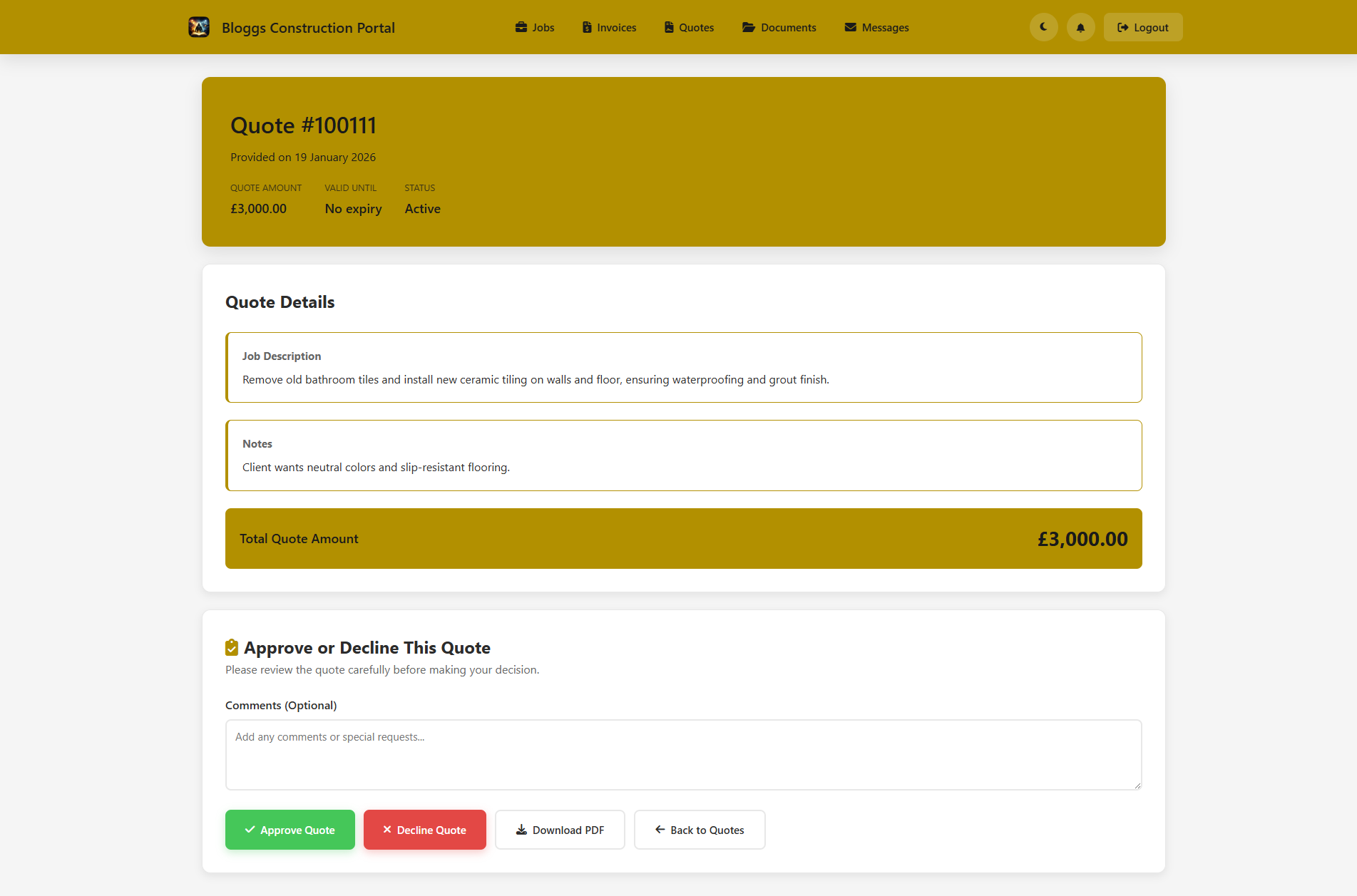 Customer viewing and approving a quote in the portal
