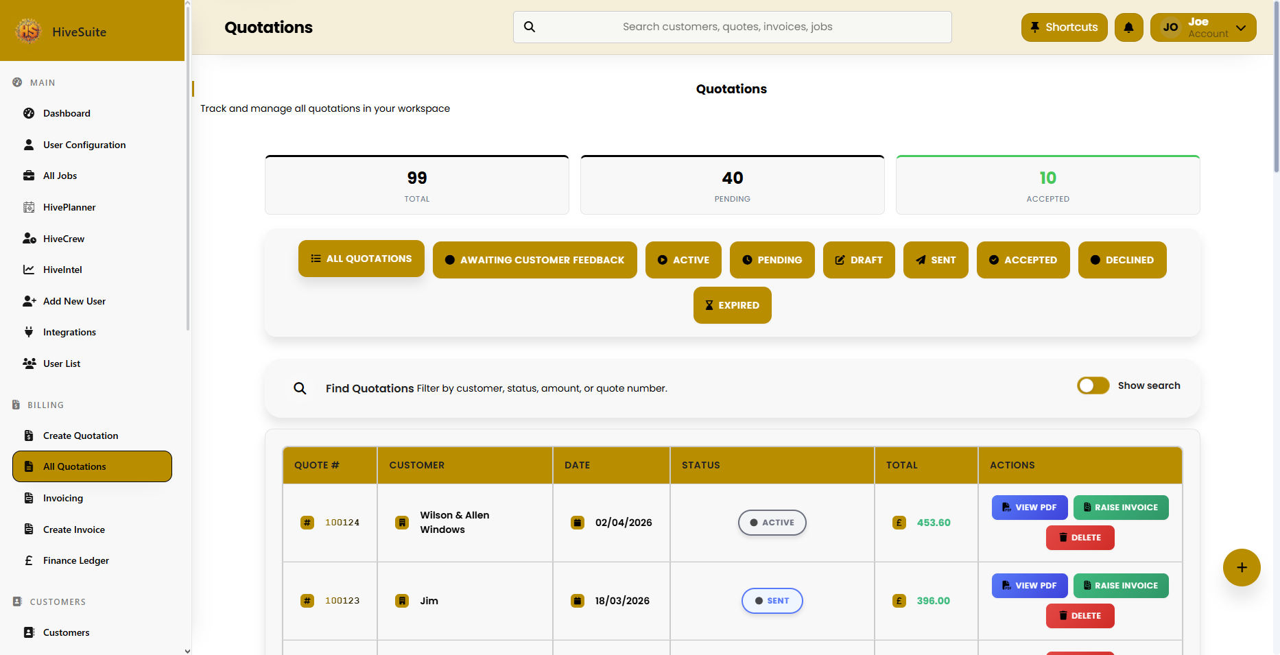 Current HiveSuite quotation list screenshot