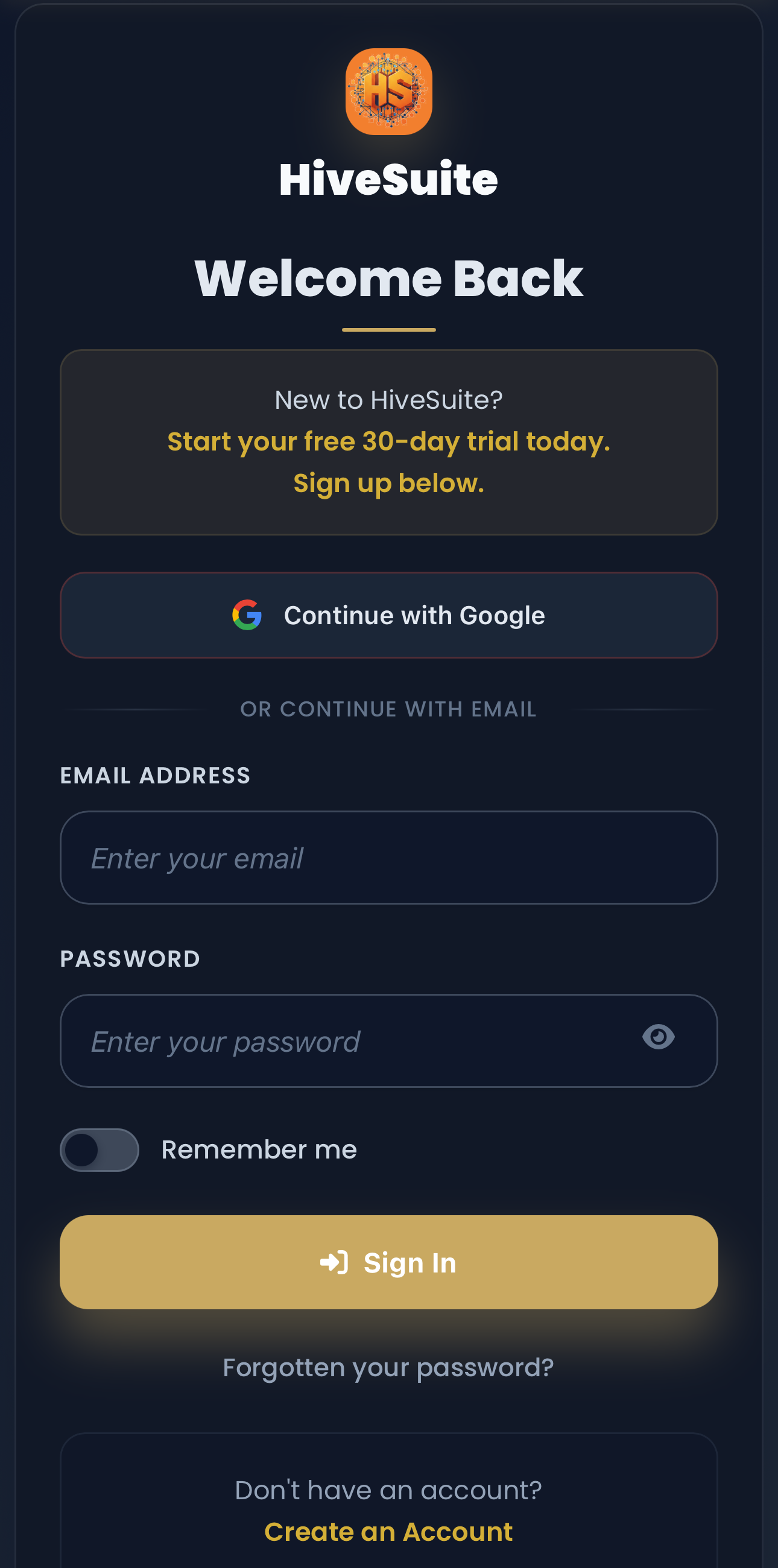 HiveSuite Google OAuth sign-in interface