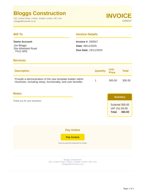 Example invoice template showing professional branding and layout