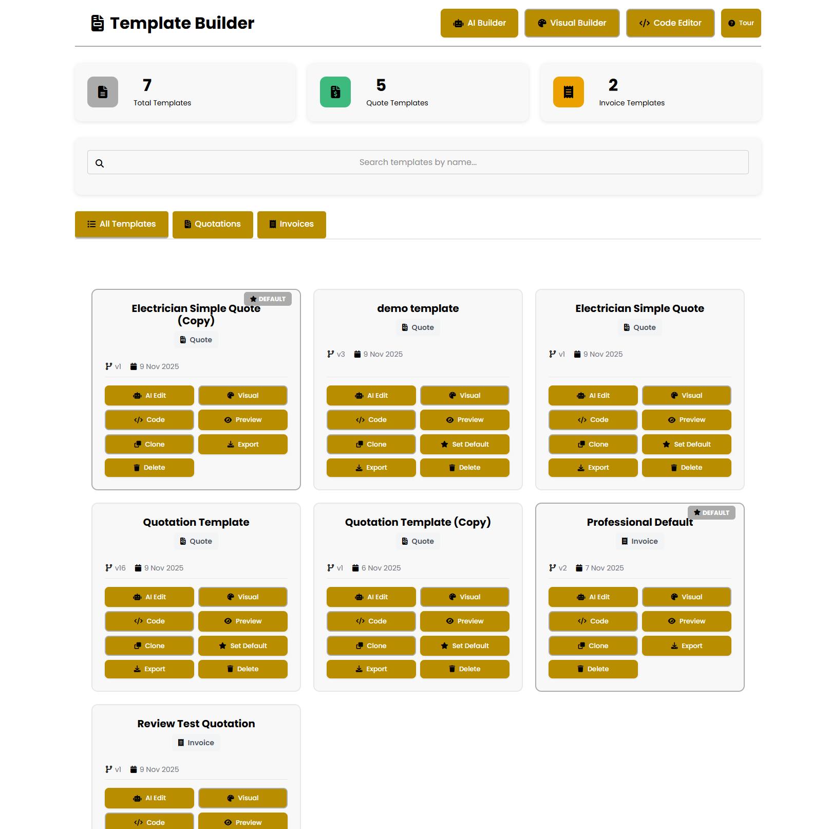 Template Builder home screen showing command centre interface with live stats, search, and quick actions