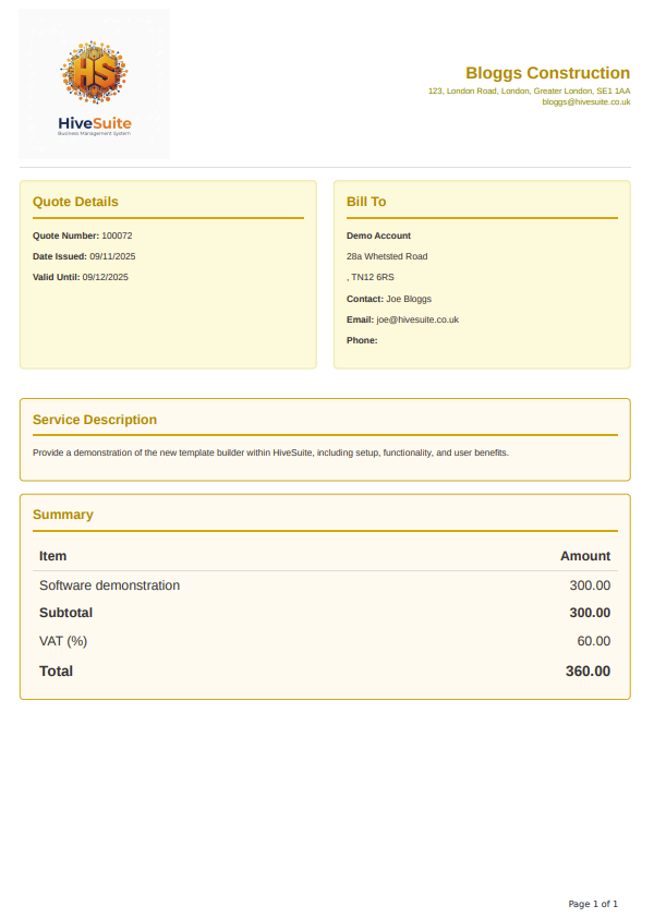 Example quotation template with custom styling