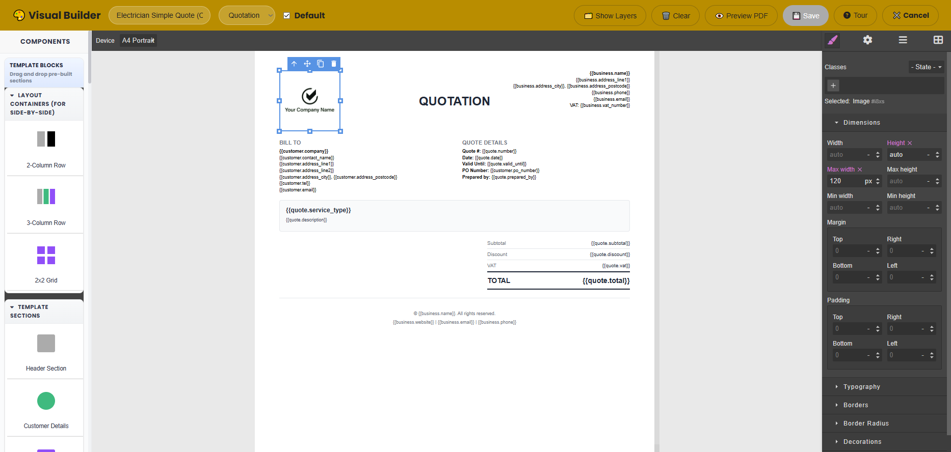 Visual Builder interface showing drag-and-drop builder with branded headers, payment callouts, and placeholders
