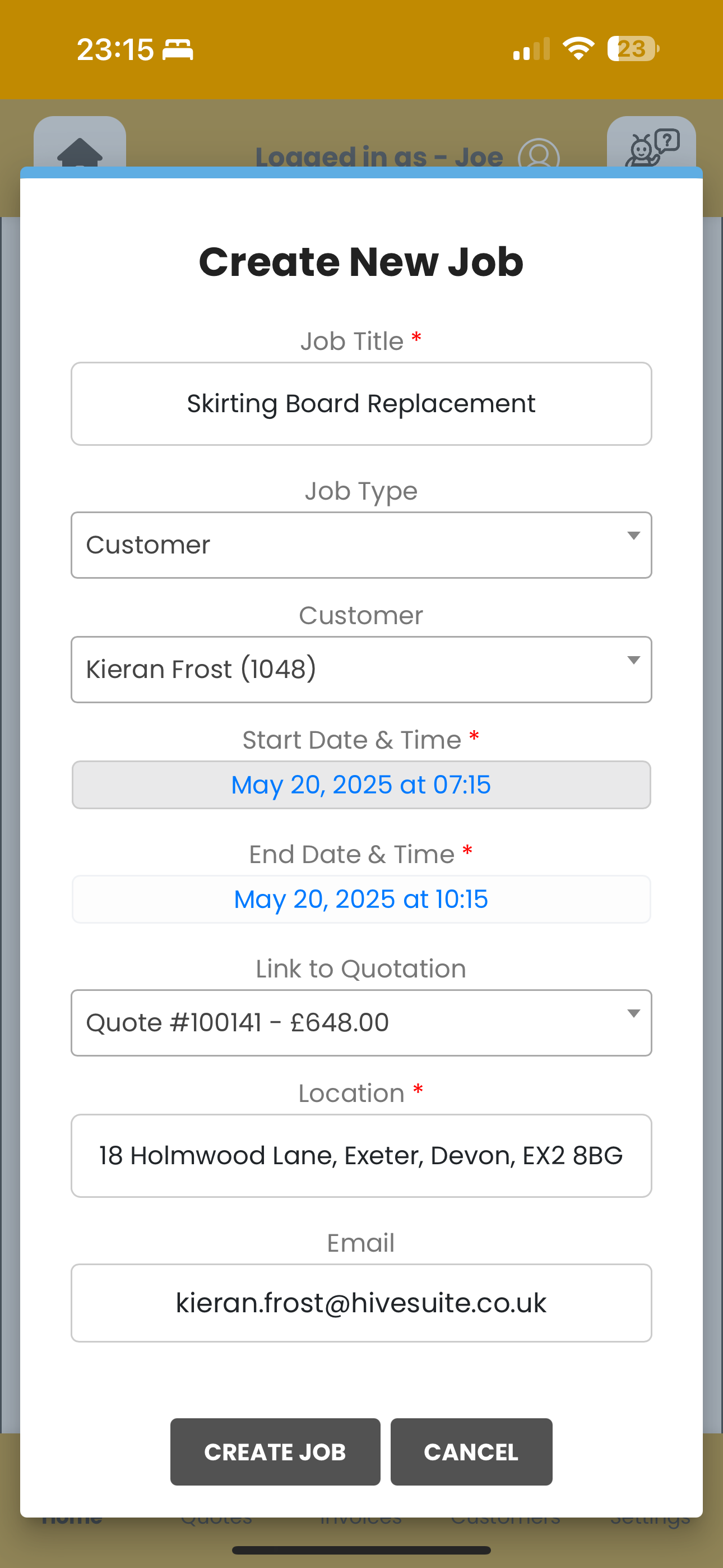 Create Job - Filled In