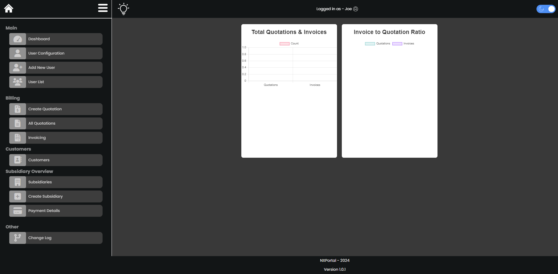 Old NXPortal desktop dashboard screenshot